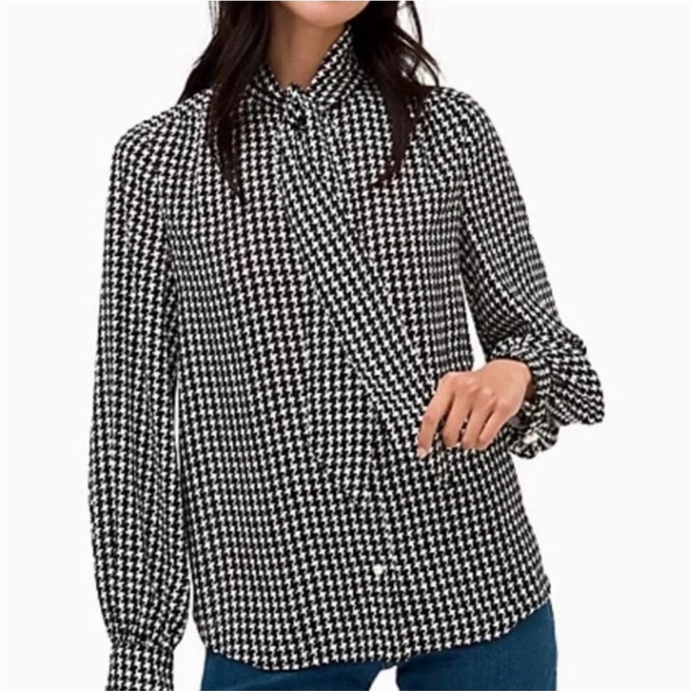 NWOT Kate Spade New York Dashing Beauty houndstooth tie-neck blouse. Size S.